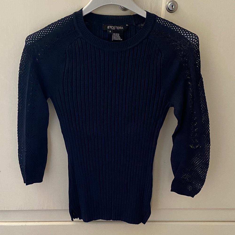 Etcetera Navy Blue Sweater Knit Fitted Top Size XS